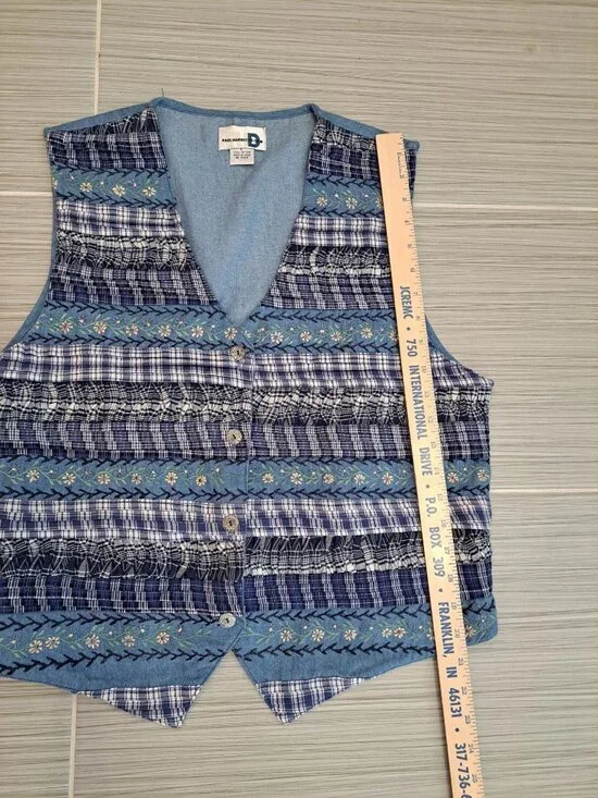 Vtg Paul Harris Vest Womens Blue Plaid Floral Embroidered Cotton Large Cottage - Picture 7 of 8